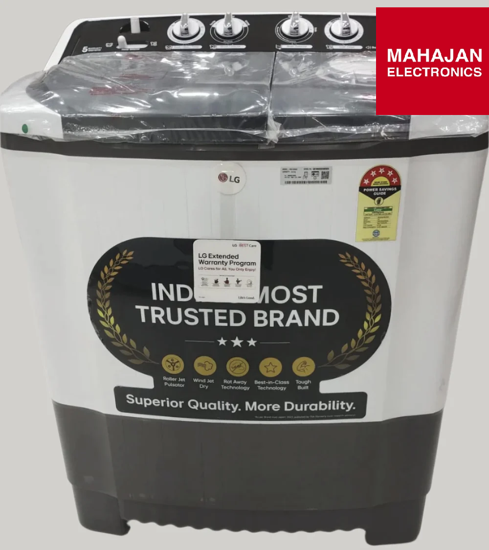 LG washing machine with 'Indians' Most Trusted Brand' label and Mahajan Electronics logo.