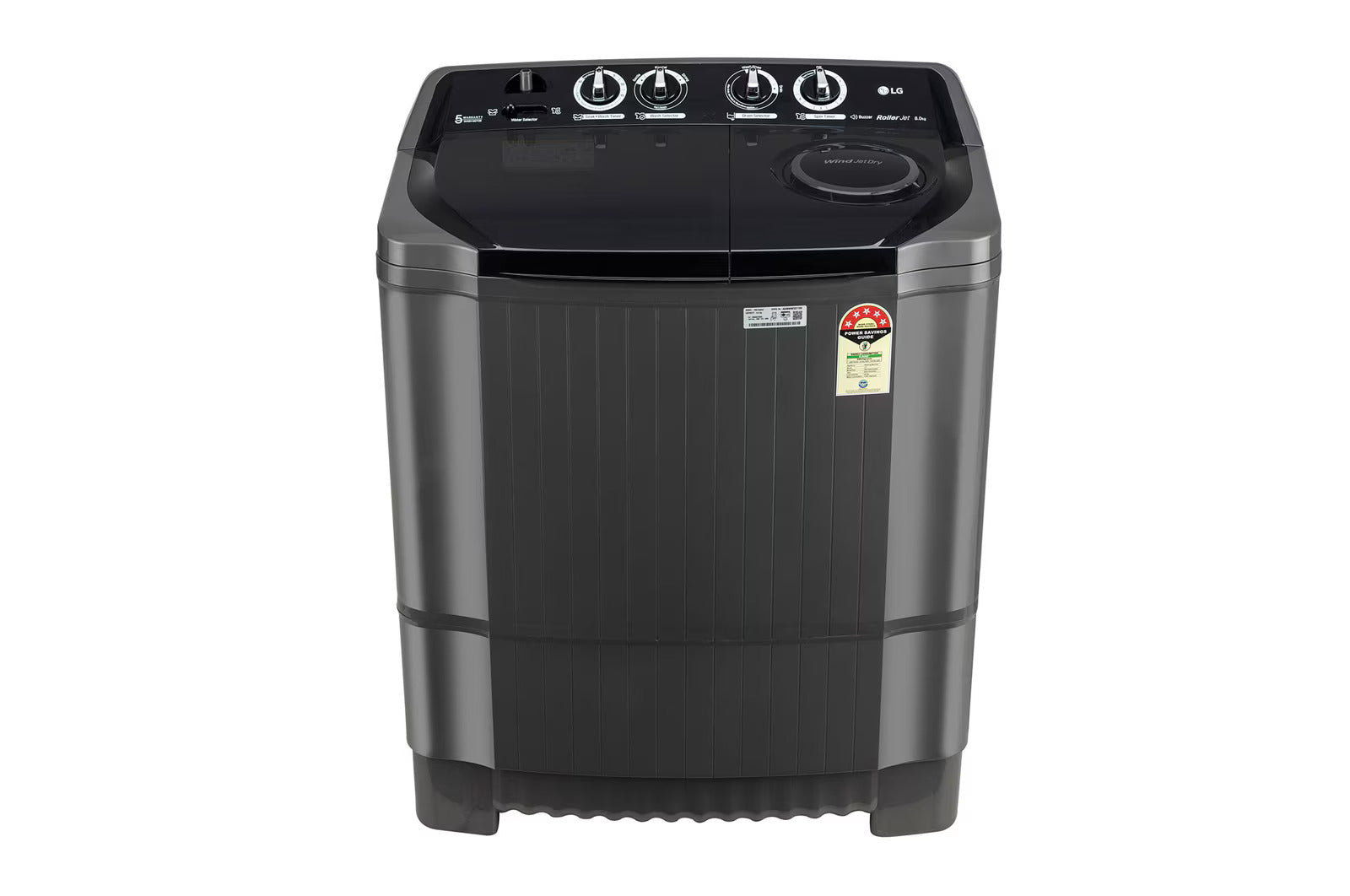 LG P8015SKAZ 8 Kg Semi-Automatic Top Load Washing Machine – Roller Jet Pulsator, Soak Function, Wind Jet Dry – Middle Black | 5 Star Energy Rating | Buy Online at Mahajan Electronics