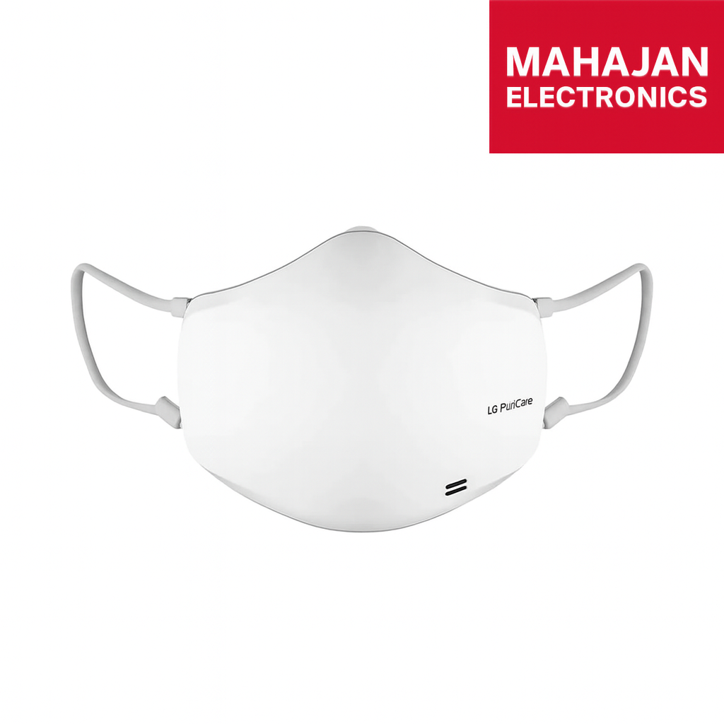 White face mask with 'LG TrueCare' branding on a white background, featuring the Mahajan Electronics logo.