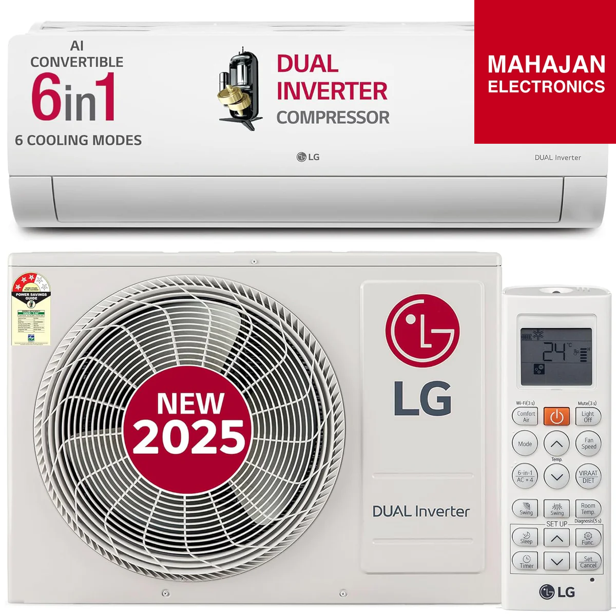 LG air conditioner with dual inverter compressor and remote control, featuring Mahajan Electronics branding.