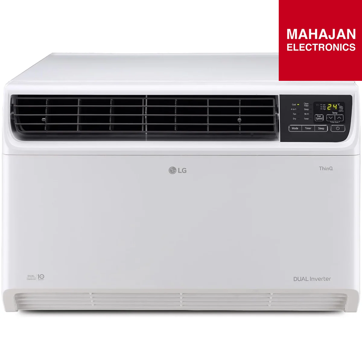 LG air conditioner with digital display on a white background, featuring the Mahajan Electronics logo.