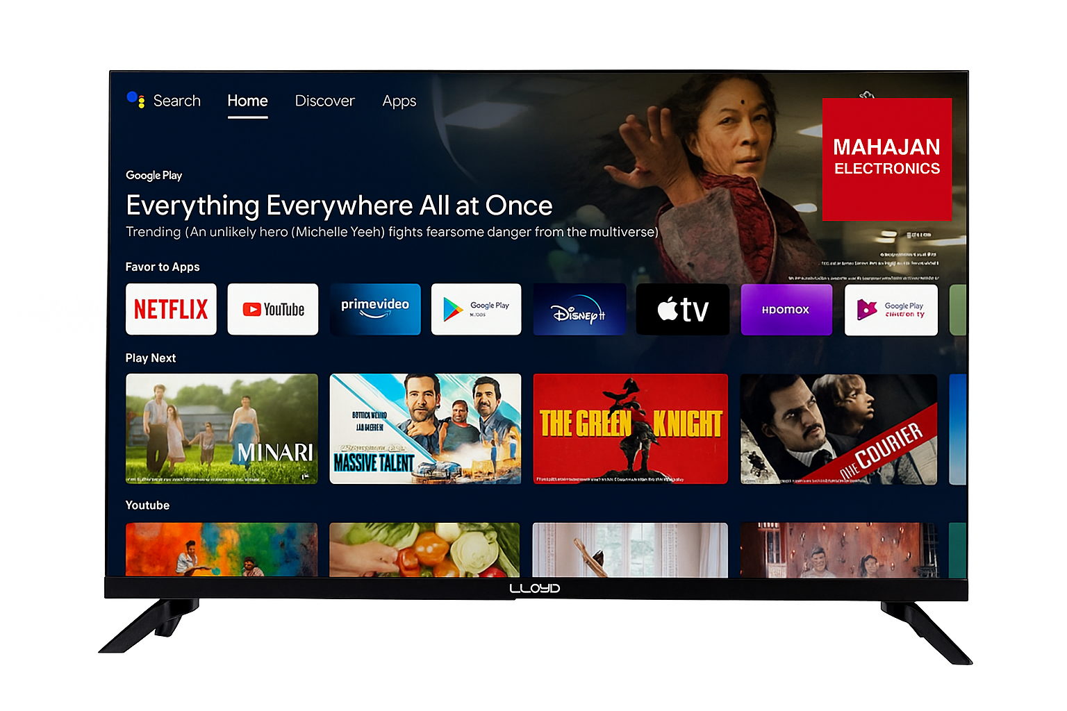 Smart TV displaying a streaming platform interface with various app icons and movie posters.