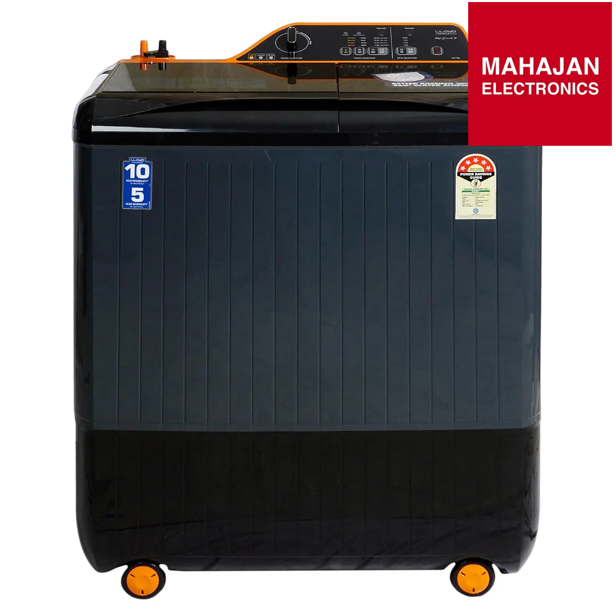 Black washing machine with orange accents on a white background, featuring the Mahajan Electronics logo.
