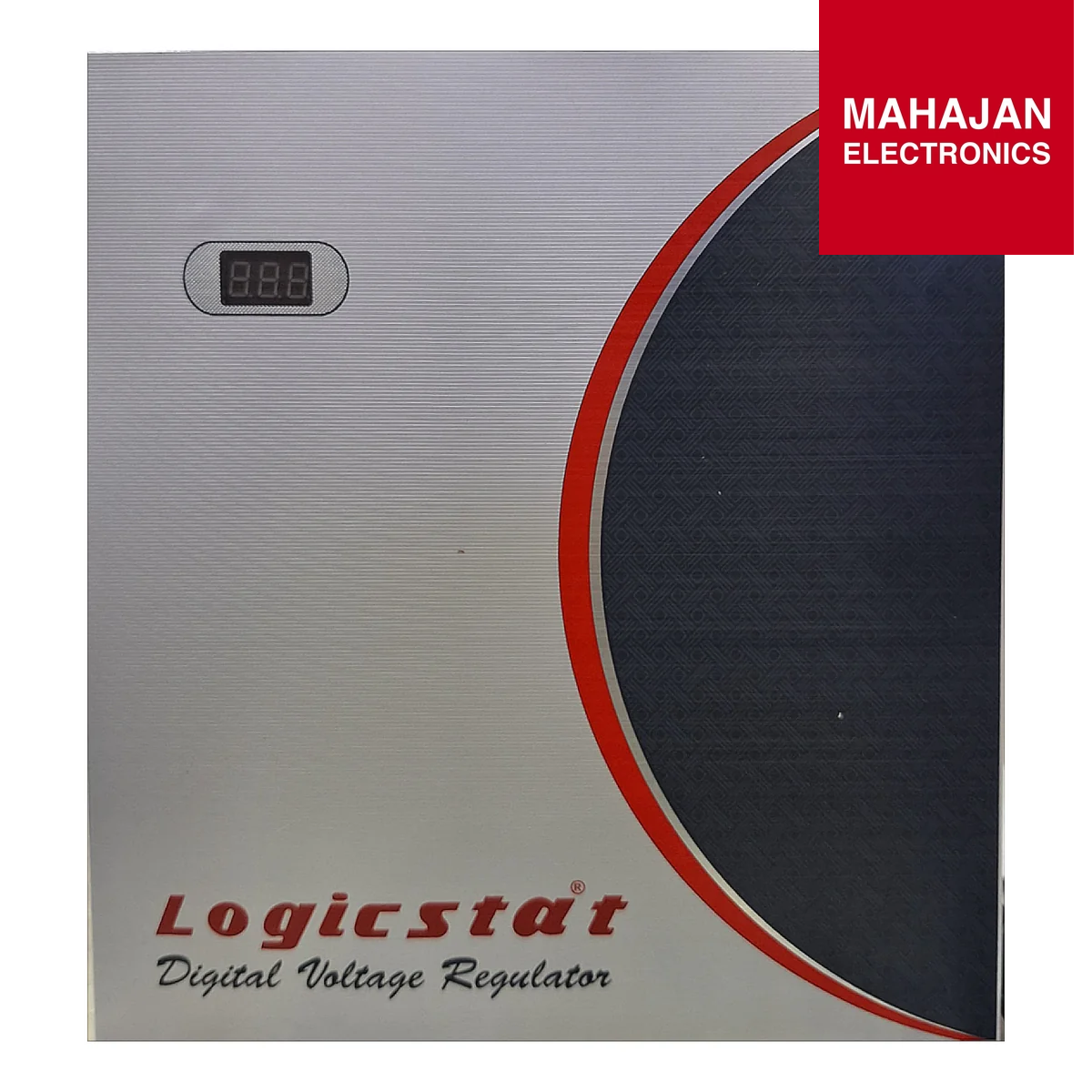 Logicstat digital voltage regulator with Mahajan Electronics branding on a white background