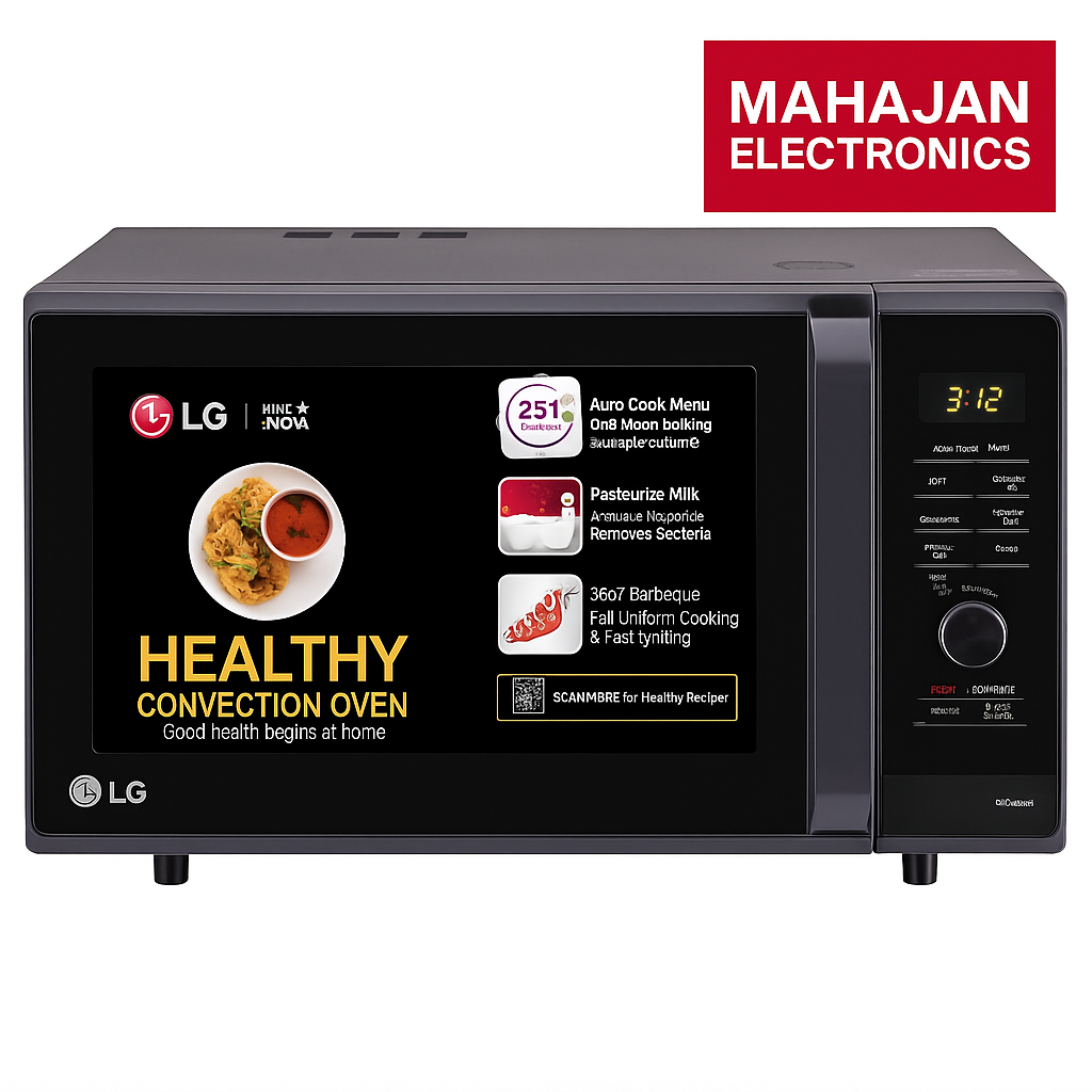 LG microwave oven with digital display and control panel, branded with Mahajan Electronics.