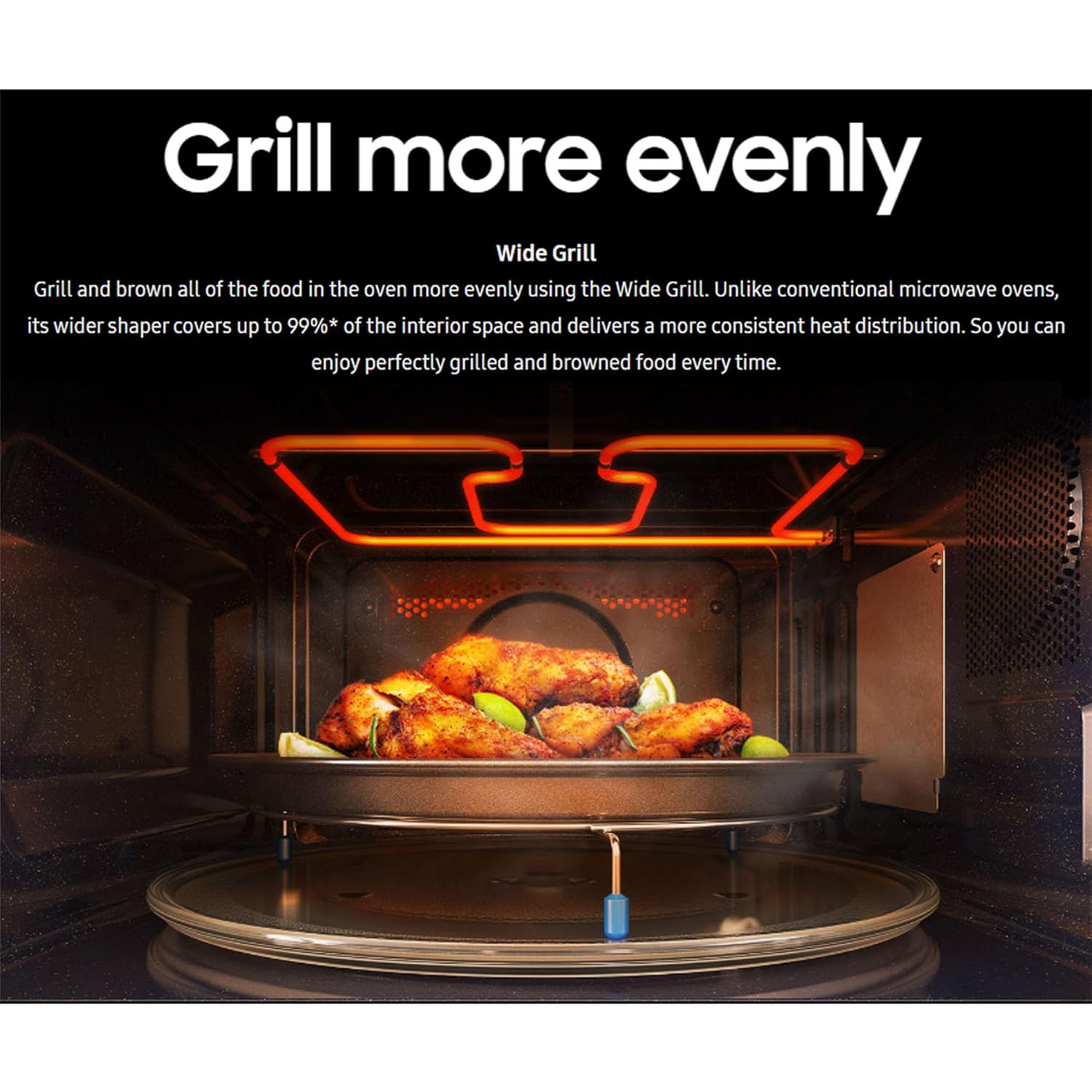 Microwave oven with a wide grill in action, displaying food being grilled.