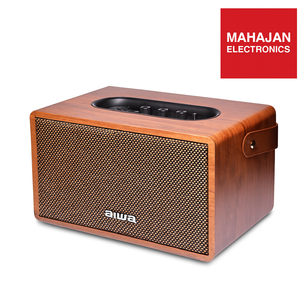 Wooden speaker with Aiwa branding on a white background, featuring Mahajan Electronics logo.