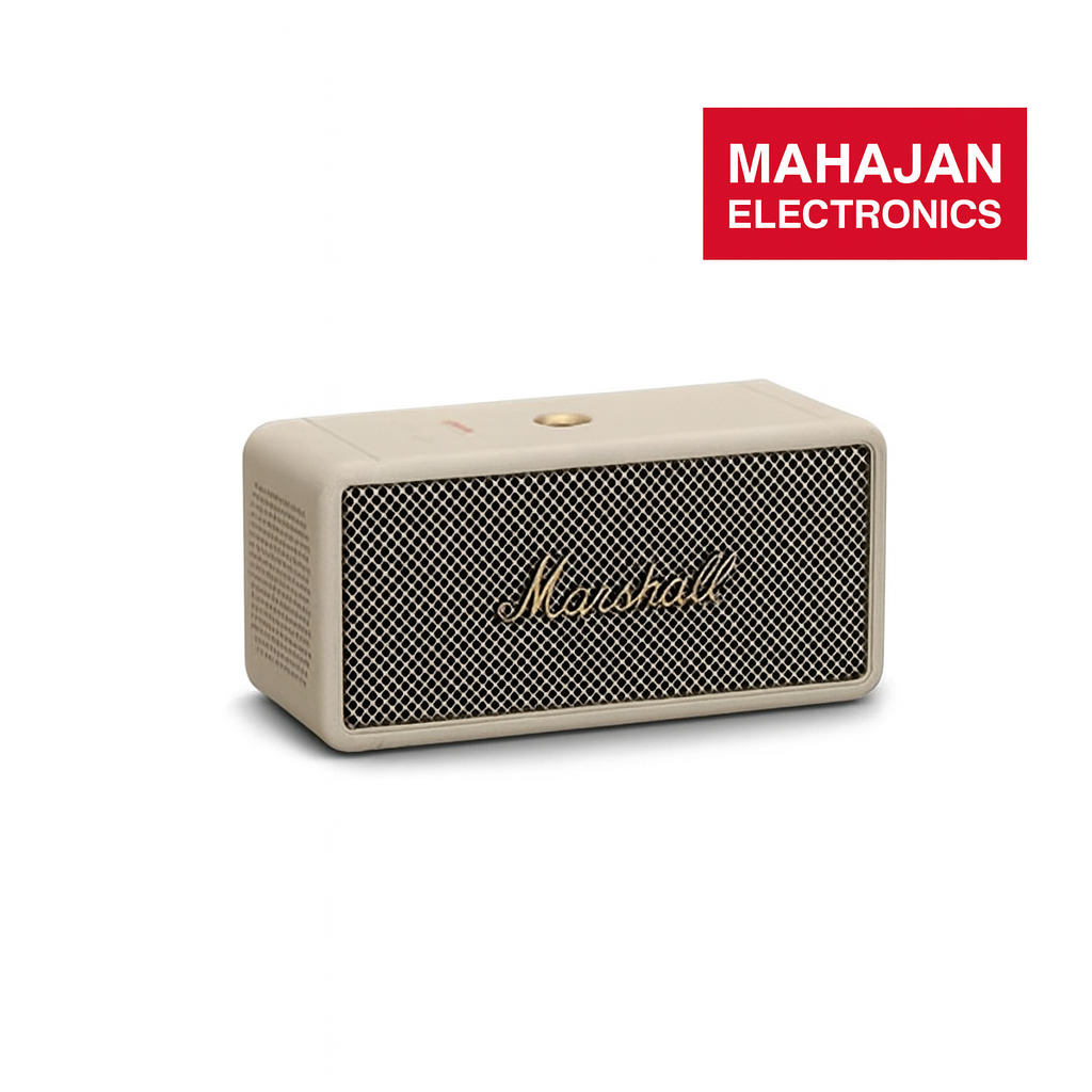 Beige Marshall speaker with visible brand logo on a white background