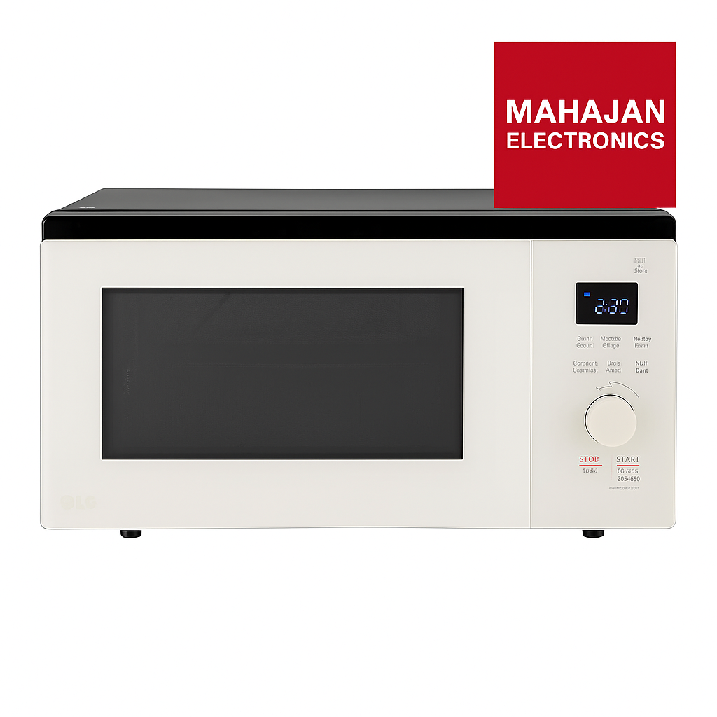 White microwave oven with black door on a white background, featuring Mahajan Electronics logo.