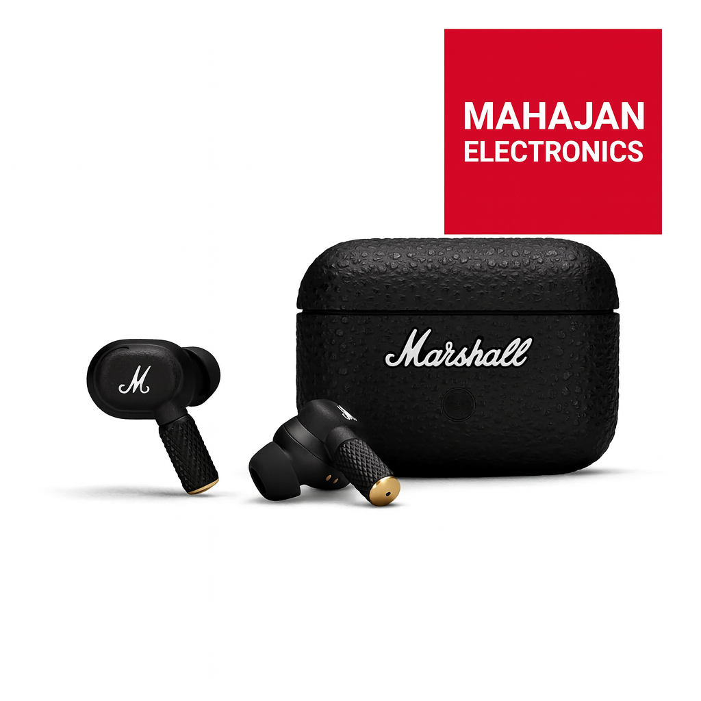 Black Marshall wireless earbuds with charging case on a white background, featuring Mahajan Electronics logo.