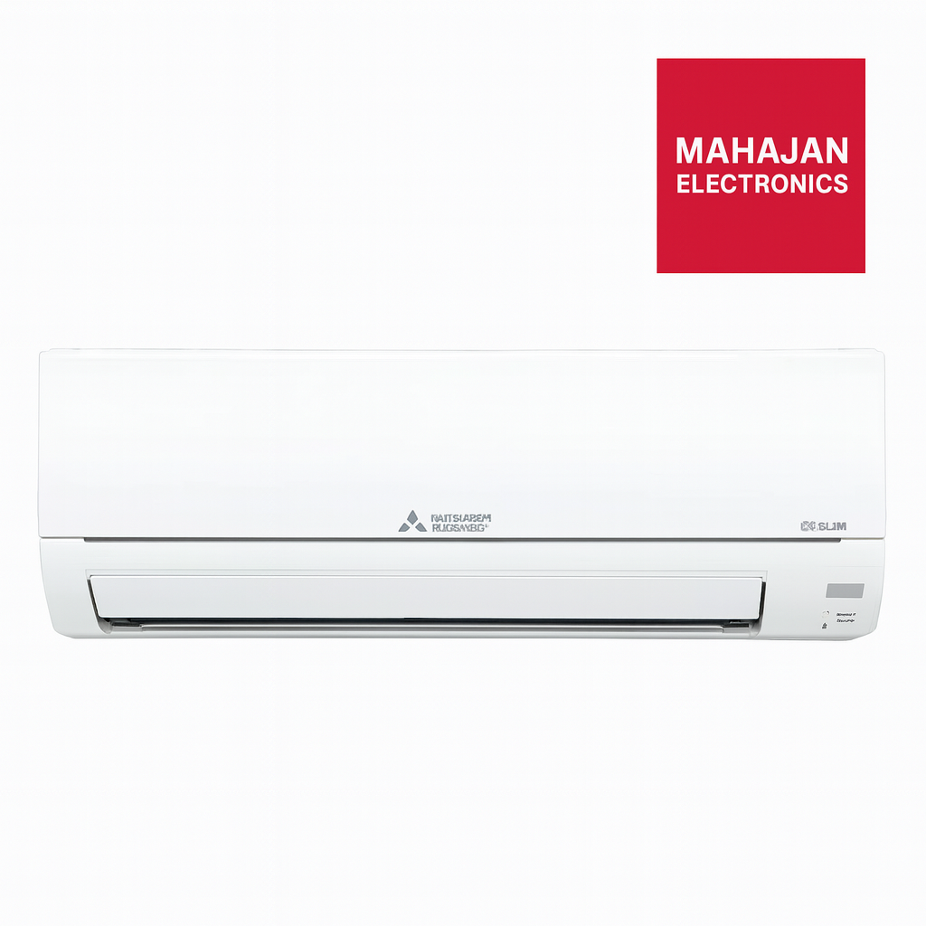 White air conditioner with Mitsubishi Electric logo on a white background, featuring the Mahajan Electronics brand.