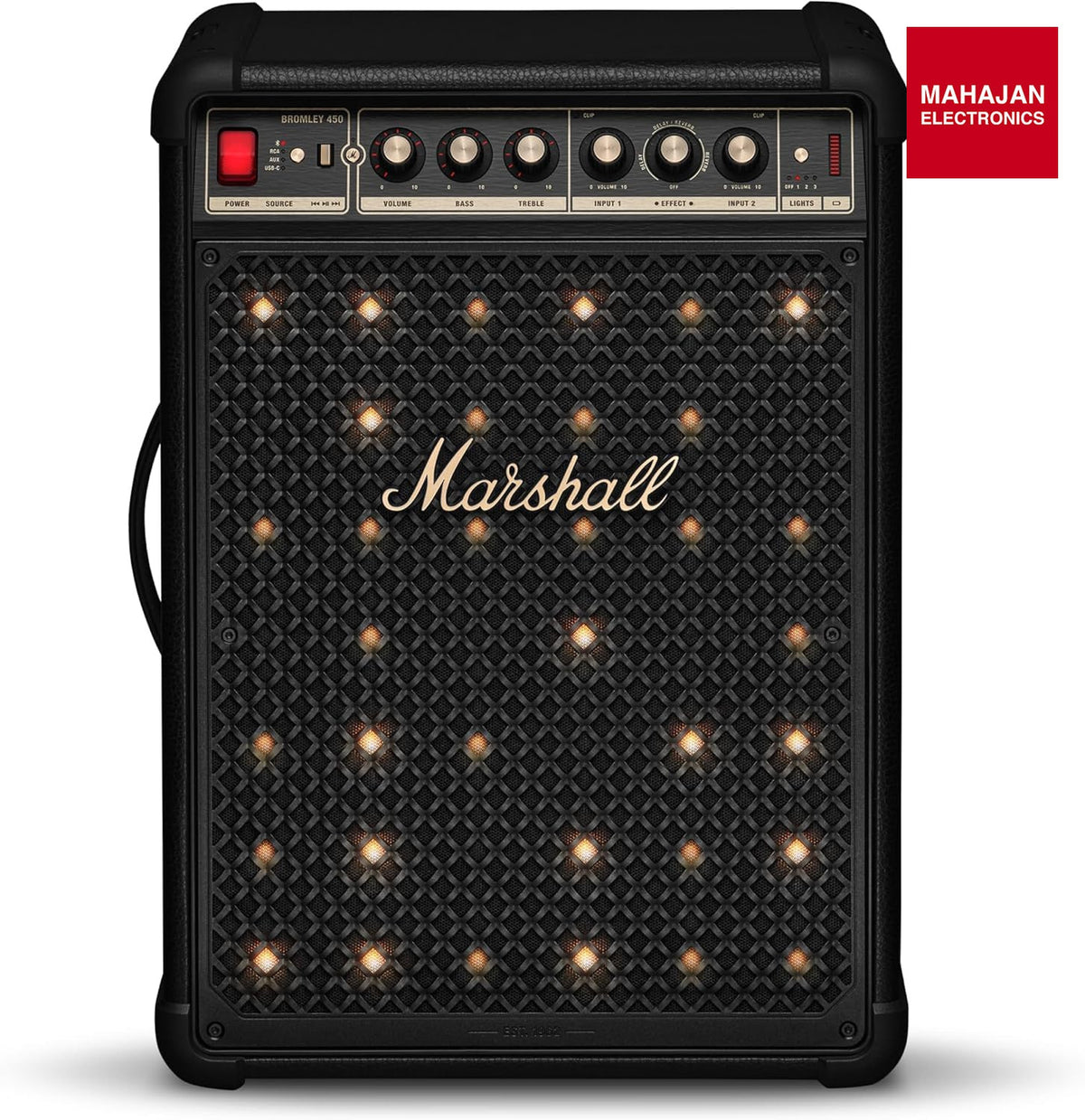 Marshall Bromley 450 Portable Party Speaker - Loud 360° Sound with Bass EQ Controls | 40+ Hours Playtime | Bluetooth, 3.5 mm AUX, RCA, Microphone, Instrument Inputs | LED Lights - Black and Brass Marshall