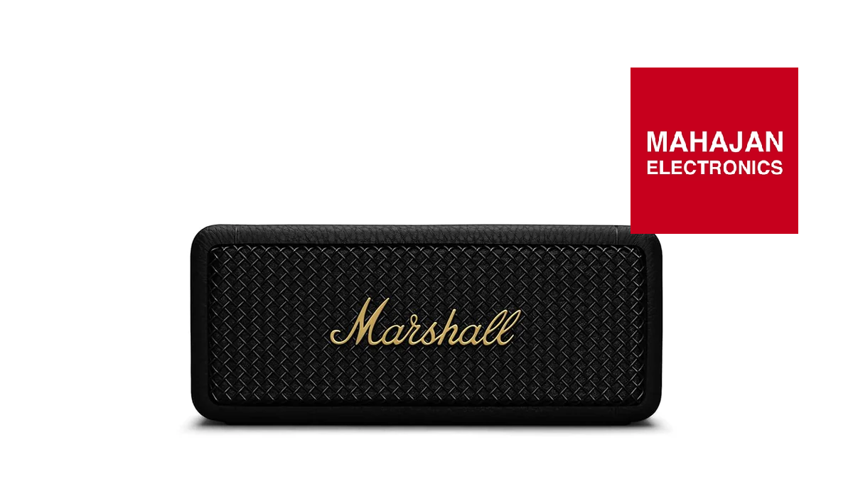 Black Marshall portable speaker with gold lettering on a white background, featuring the Mahajan Electronics logo.