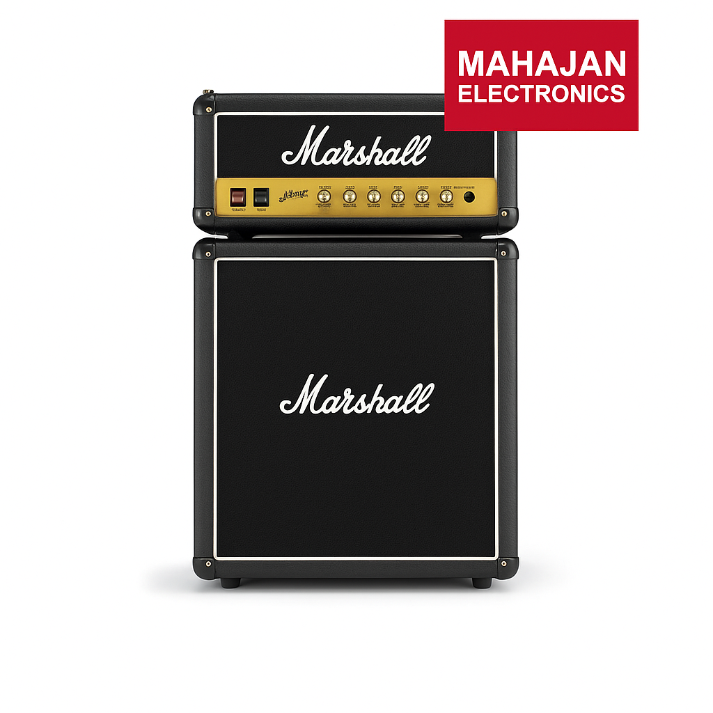 Marshall guitar amplifier head and cabinet with Mahajan Electronics logo on a white background