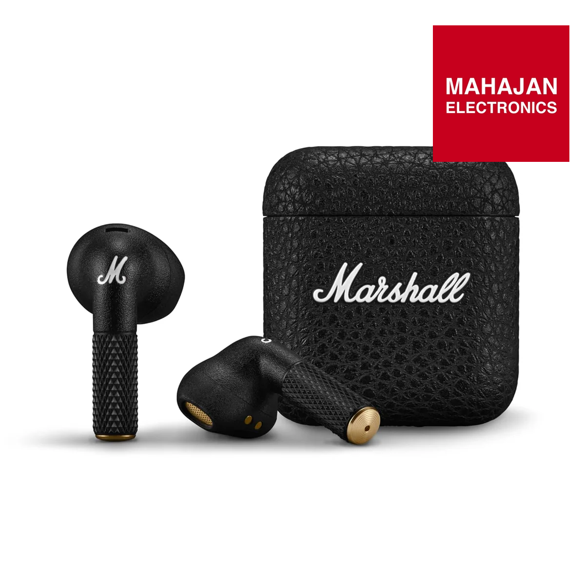 Black Marshall wireless earbuds with charging case on a white background, featuring the Mahajan Electronics logo.