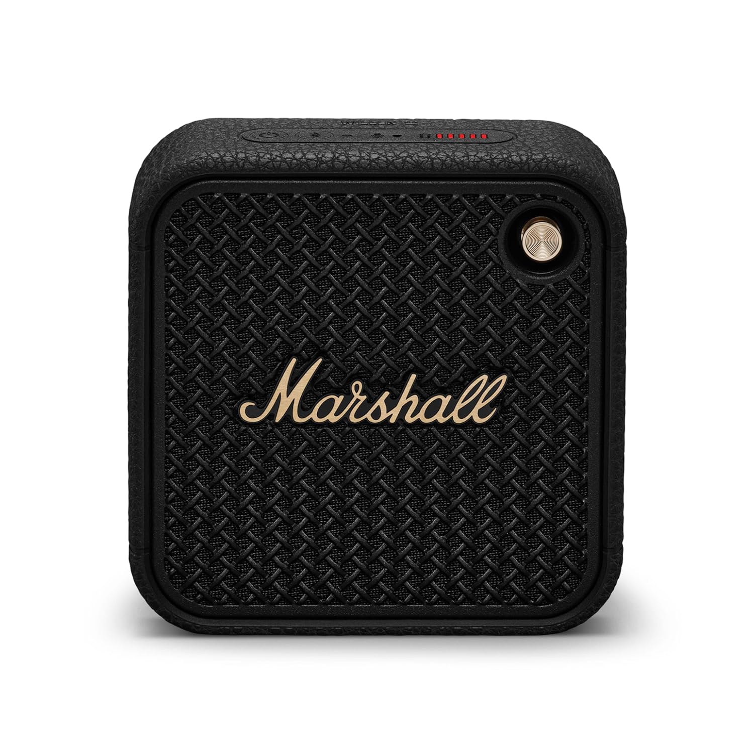 Marshall Willen II Portable Bluetooth Speaker (Black & Brass) – 17+ Hours Playtime, IP67 Dust & Waterproof, Built-in Mic, Strap Mount, Compact Design