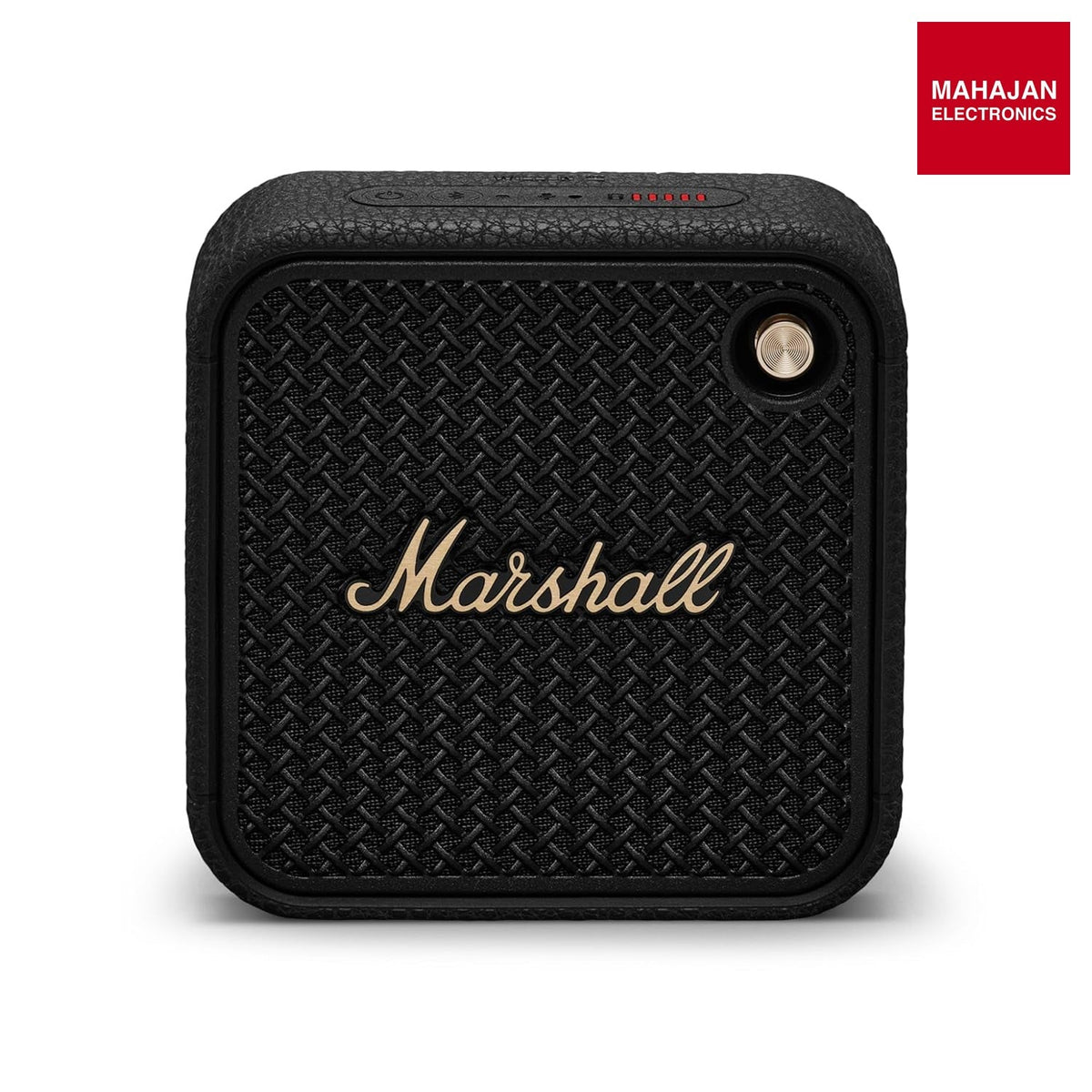 Marshall Willen II Portable Bluetooth Speaker (Black & Brass) – 17+ Hours Playtime, IP67 Dust & Waterproof, Built-in Mic, Strap Mount, Compact Design – Mahajan Electronics Online.