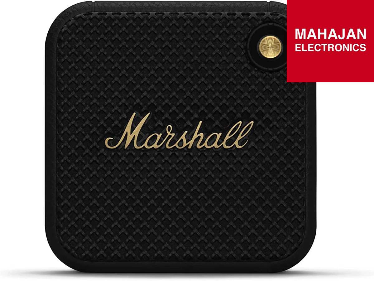 Black Marshall speaker with gold text on a white background, featuring the Mahajan Electronics logo.