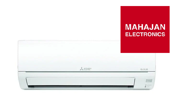 White air conditioner with Mahajan Electronics logo on a white background