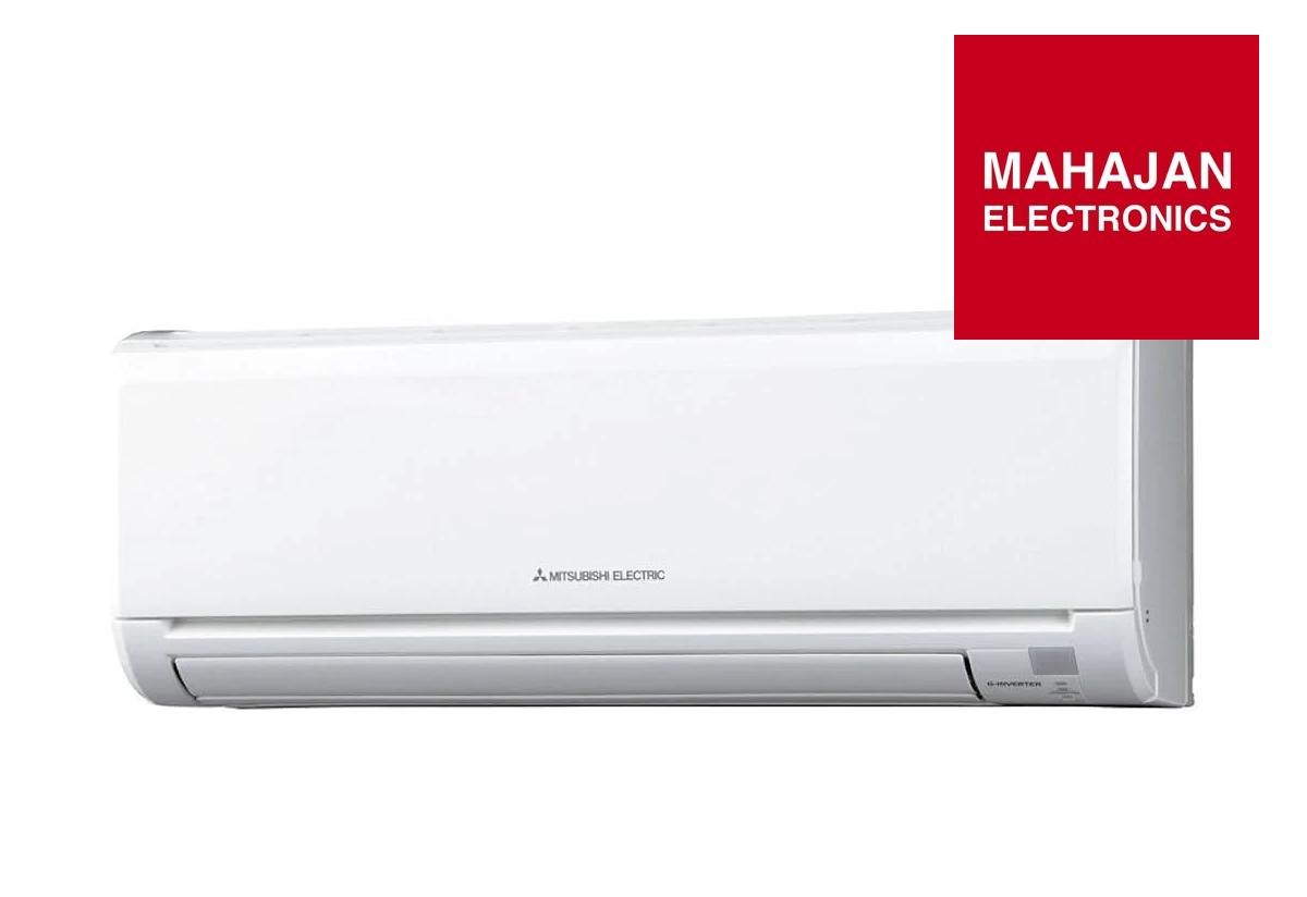 White air conditioner with Mahajan Electronics logo on a white background