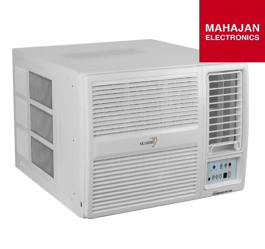 Window air conditioner with Mahajan Electronics logo on a white background