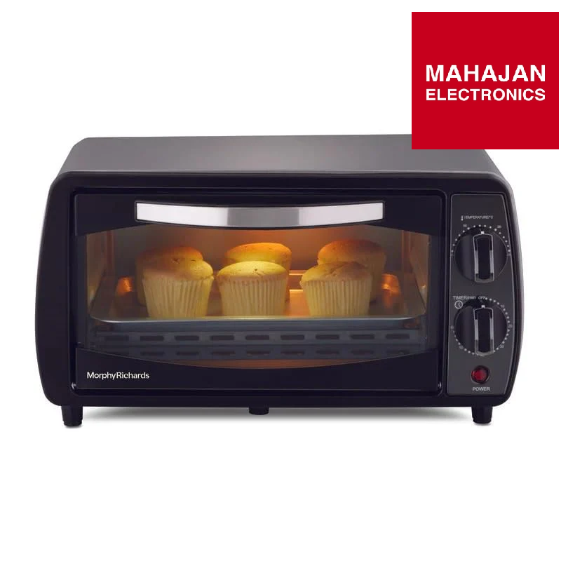 Black toaster oven with cupcakes inside, brand 'Mahajan Electronics' visible