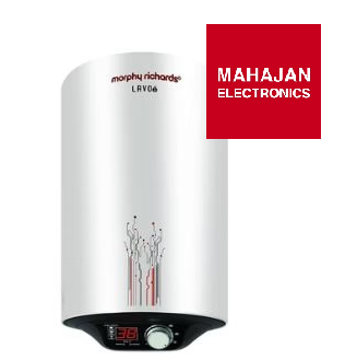 White electric water heater with Morphy Richards branding on a white background, featuring Mahajan Electronics logo.