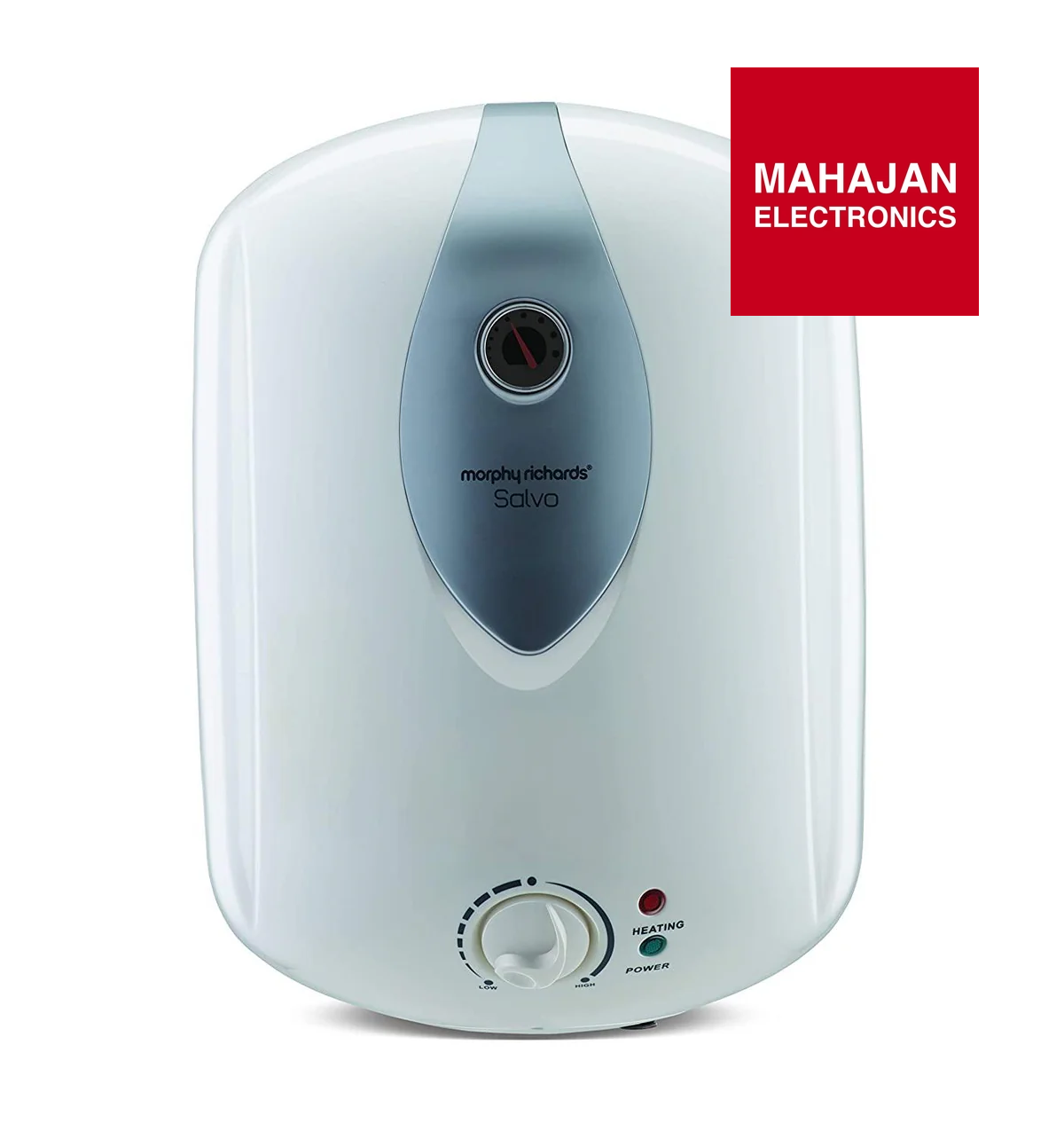 White water heater with gray accents on a white background, featuring Mahajan Electronics logo.
