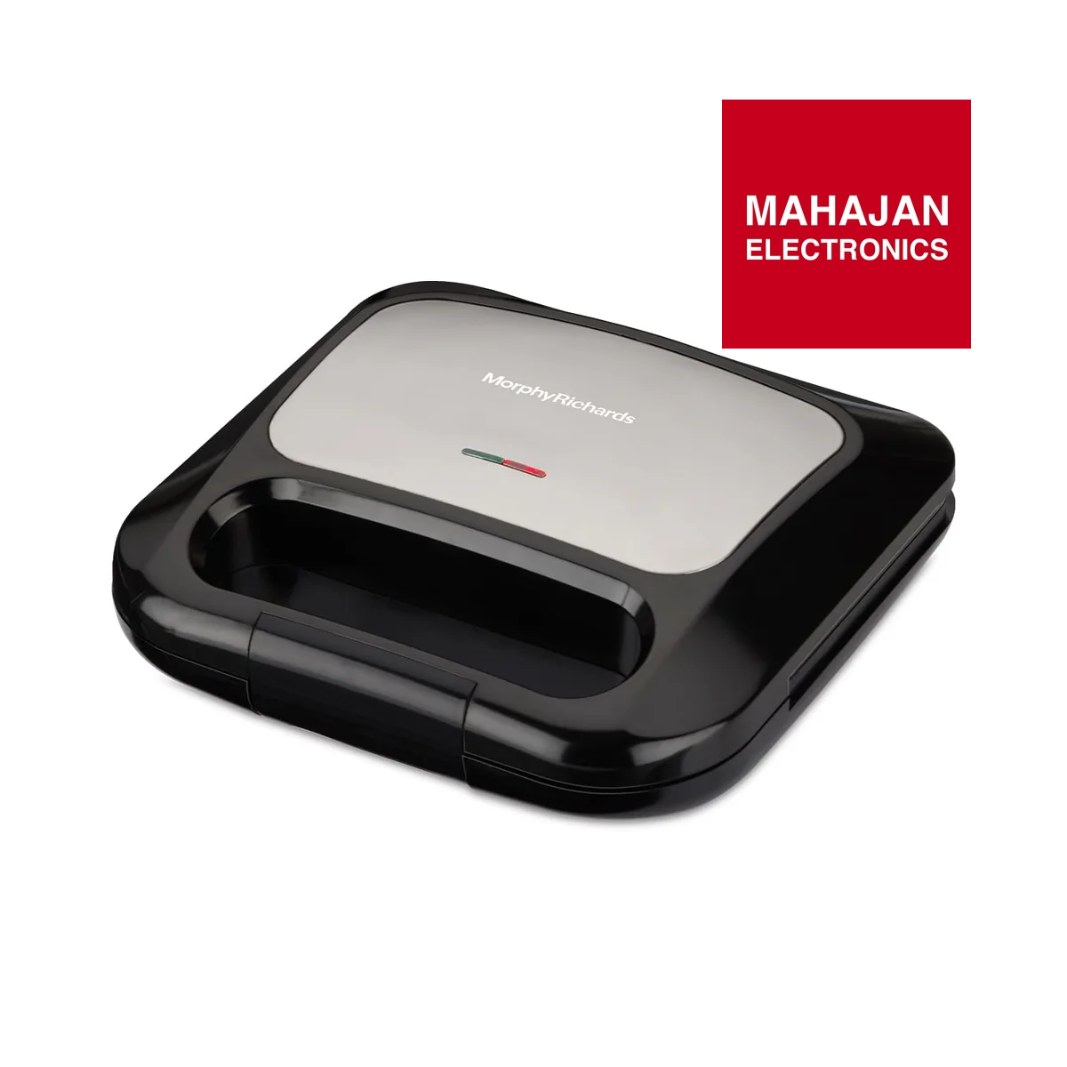 Black sandwich toaster with 'Morphy Richards' branding on a white background, featuring the Mahajan Electronics logo.