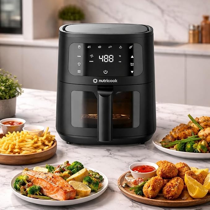 Nutricook Essential 4.5L Air Fryer , 2026 New Launch, 100% Toxin-Free Ceramic Coating - No PTFE, PFAS, PFOA or Microplastics, Clear Window, 1300W, 6 Cooking Programs, 2-Year Warranty-Online Mahajan Electronics