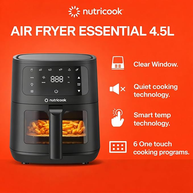 Nutricook Essential 4.5L Air Fryer , 2026 New Launch, 100% Toxin-Free Ceramic Coating - No PTFE, PFAS, PFOA or Microplastics, Clear Window, 1300W, 6 Cooking Programs, 2-Year Warranty-Online Mahajan Electronics