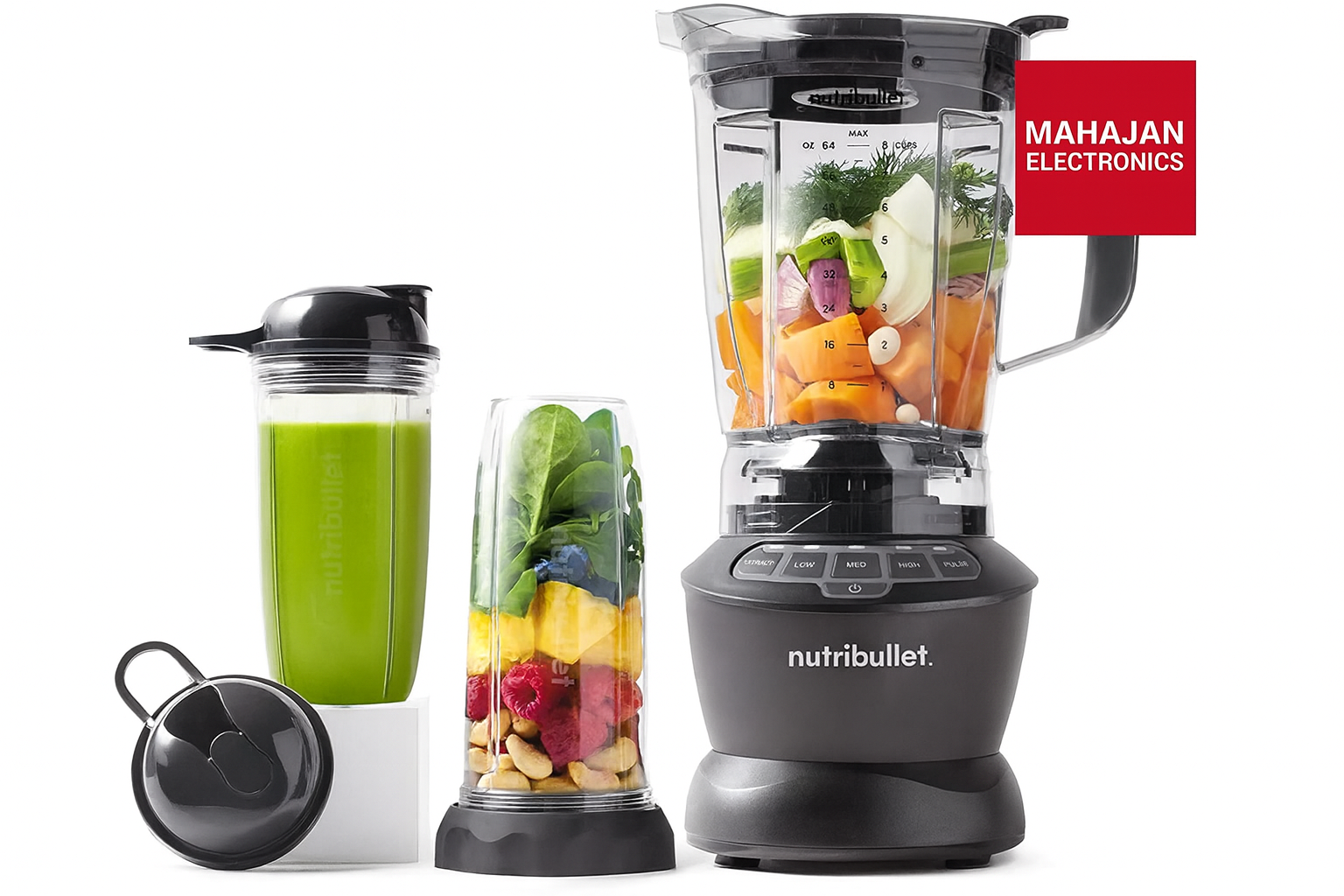 Nutribullet blender with additional jars containing fruits and vegetables on a white background, featuring the Mahajan Electronics brand.