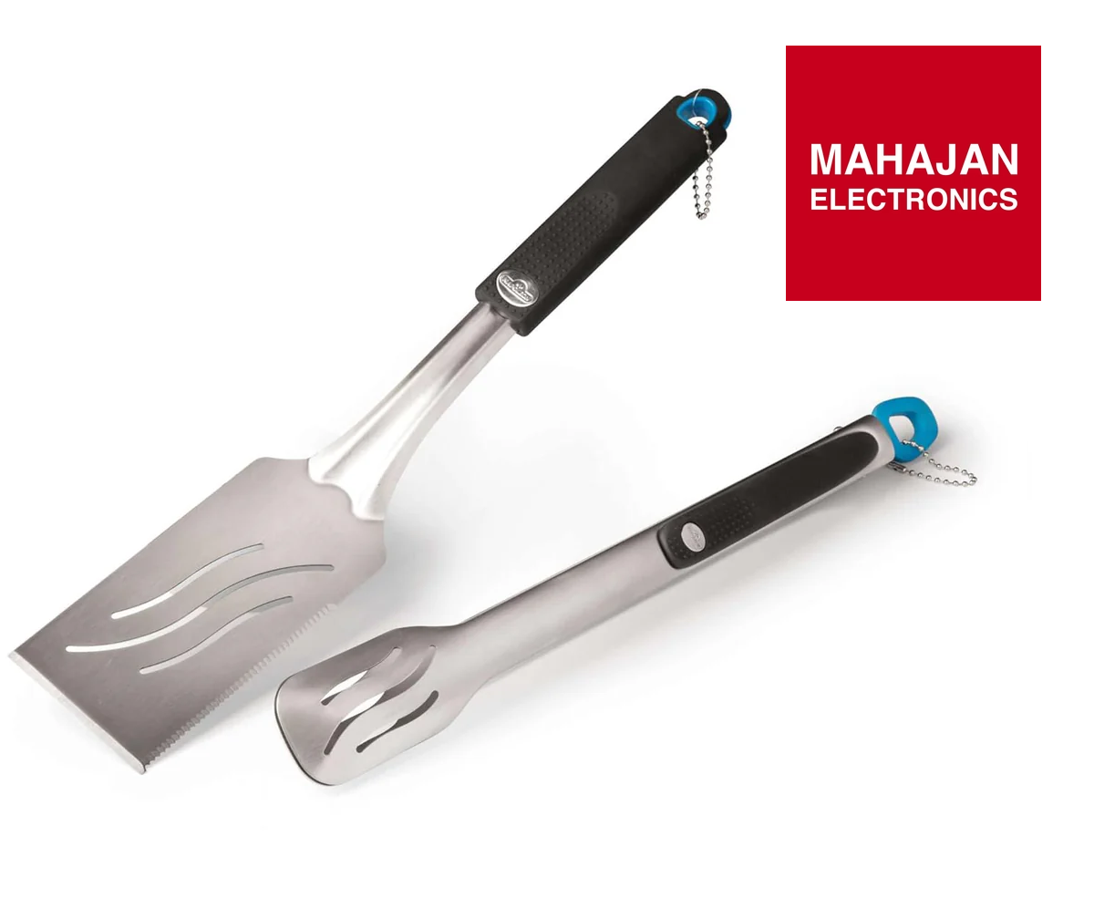 Two metal spatulas with black handles on a white background, featuring the Mahajan Electronics logo.