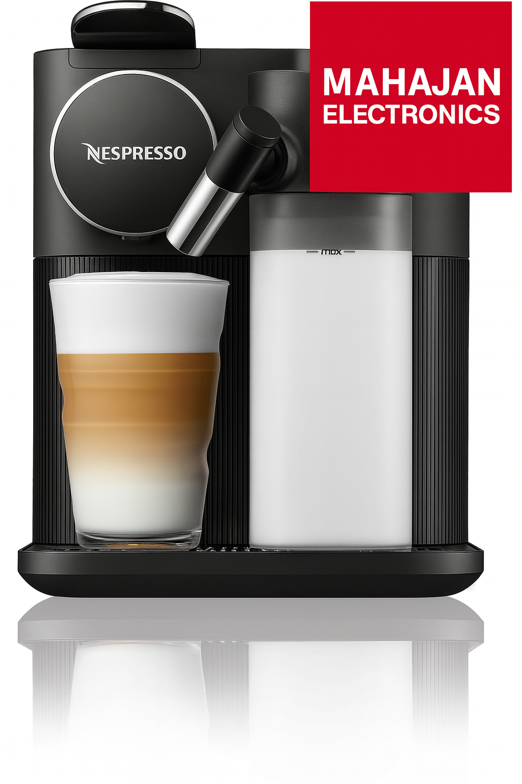 Nespresso coffee machine with a glass of layered coffee and cream, branded with Mahajan Electronics.