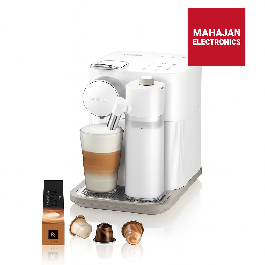 Coffee machine with a glass of layered coffee and capsules on a white background, featuring the Mahajan Electronics logo.