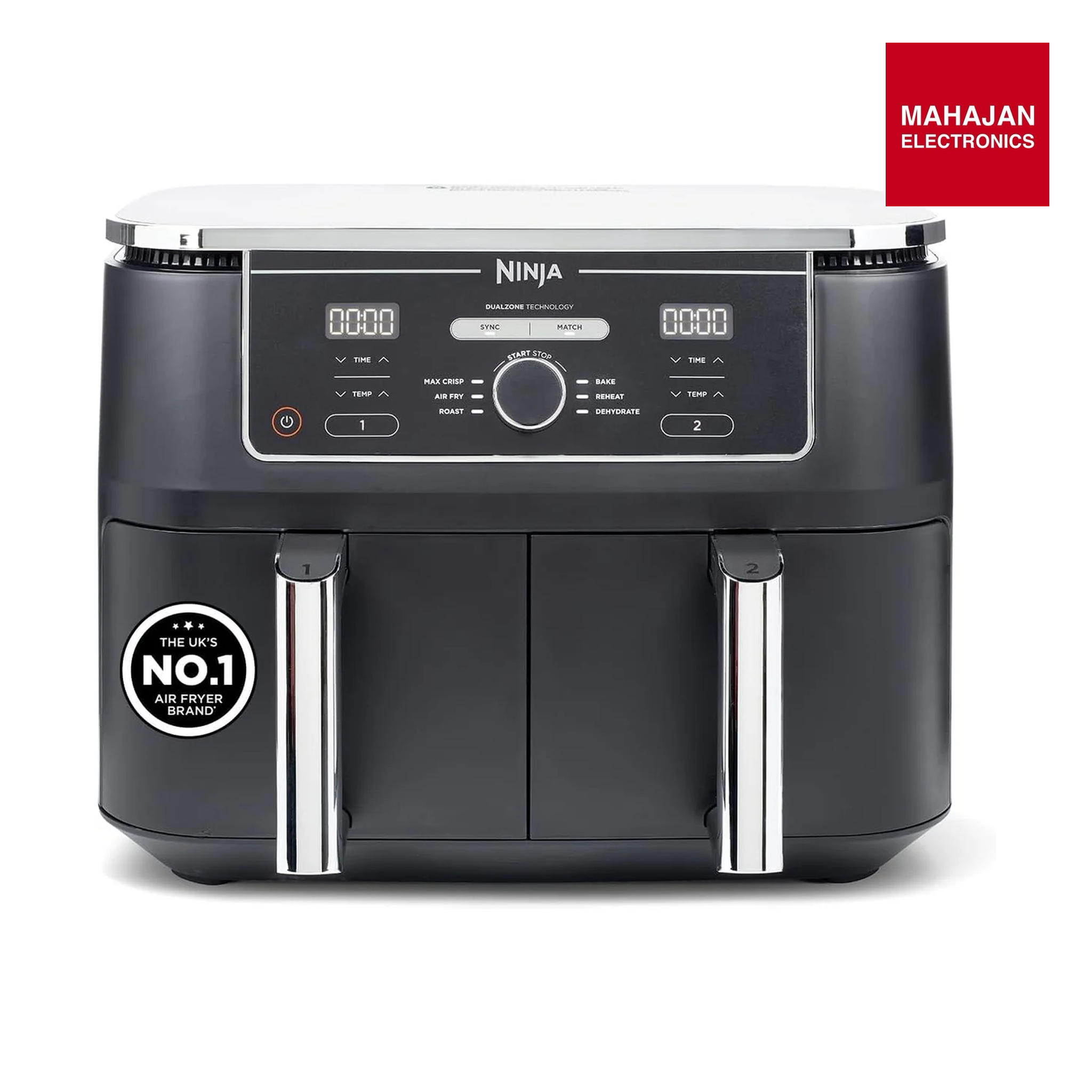 Ninja AF400 Foodi MAX Dual Zone Digital AirFryer, 2 Drawers, 9.5L, 6-in-1, Uses No Oil, Air Fry, Max Crisp, Roast, Bake, Reheat, Dehydrate, Cook 8 Portions, Non-Stick Dishwasher Safe Baskets, Black Mahajan Electronics Online