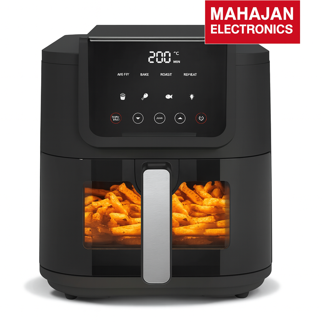Black air fryer with digital display showing '200°C' and frying food, branded with MAHAJAN ELECTRONICS.