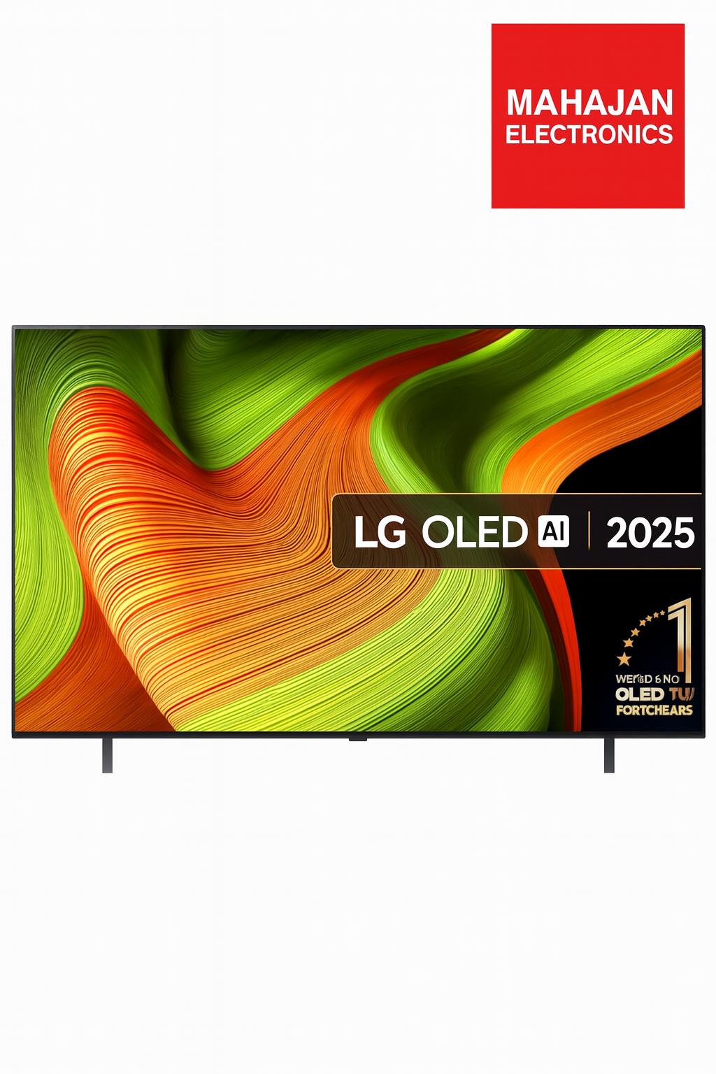 LG OLED TV with colorful display and Mahajan Electronics logo above