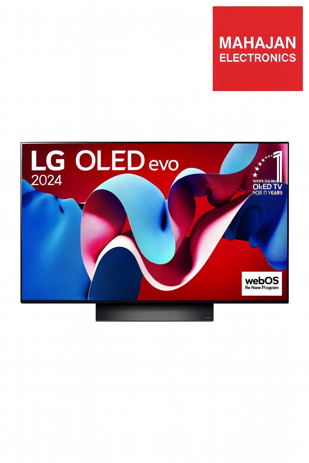 LG OLED evo 2024 television with Mahajan Electronics logo on a white background