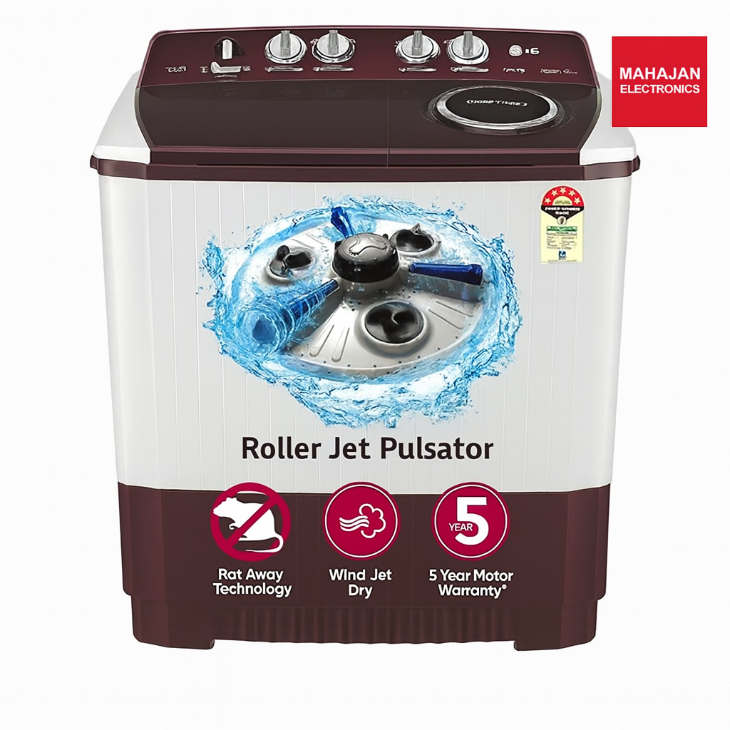 Washing machine with Mahajan Electronics logo on a white background