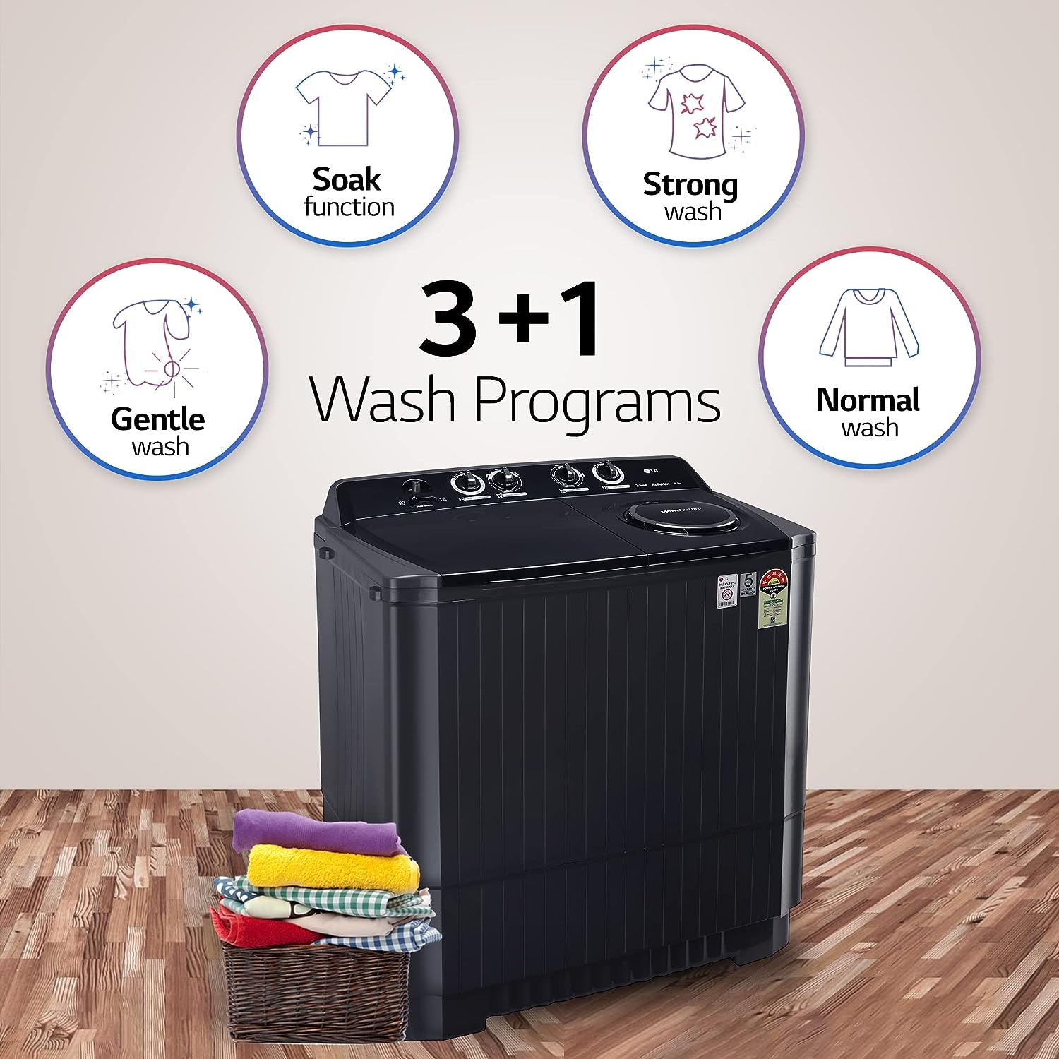 LG 11.5 Kg 5 Star Wind Jet Dry Rat Away Technology Semi-Automatic Top Loading Washing Machine (P115ASKAZ, Roller Jet Pulsator, Punch + 3, Middle Black) - Mahajan Electronics Online