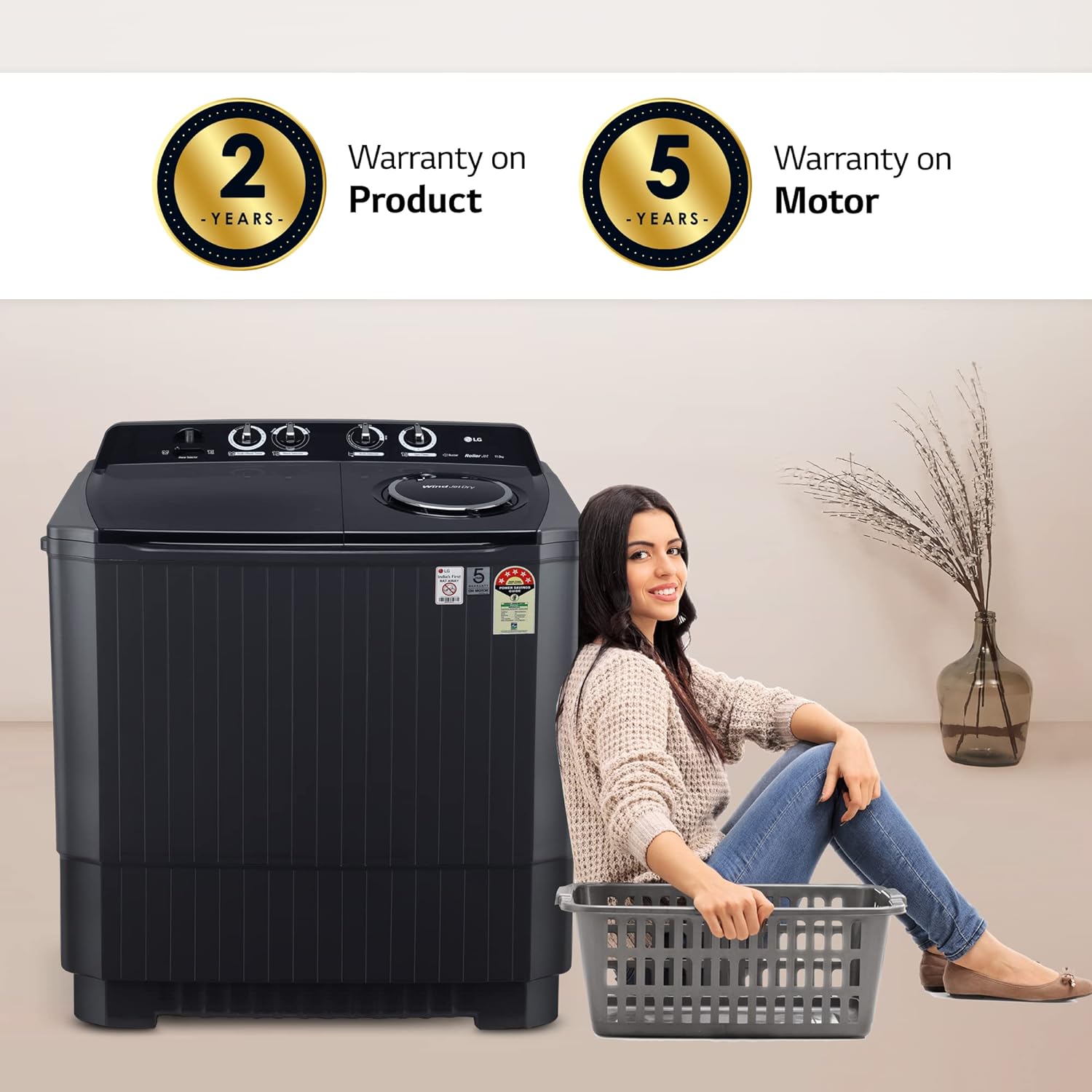 LG 11.5 Kg 5 Star Wind Jet Dry Rat Away Technology Semi-Automatic Top Loading Washing Machine (P115ASKAZ, Roller Jet Pulsator, Punch + 3, Middle Black) - Mahajan Electronics Online