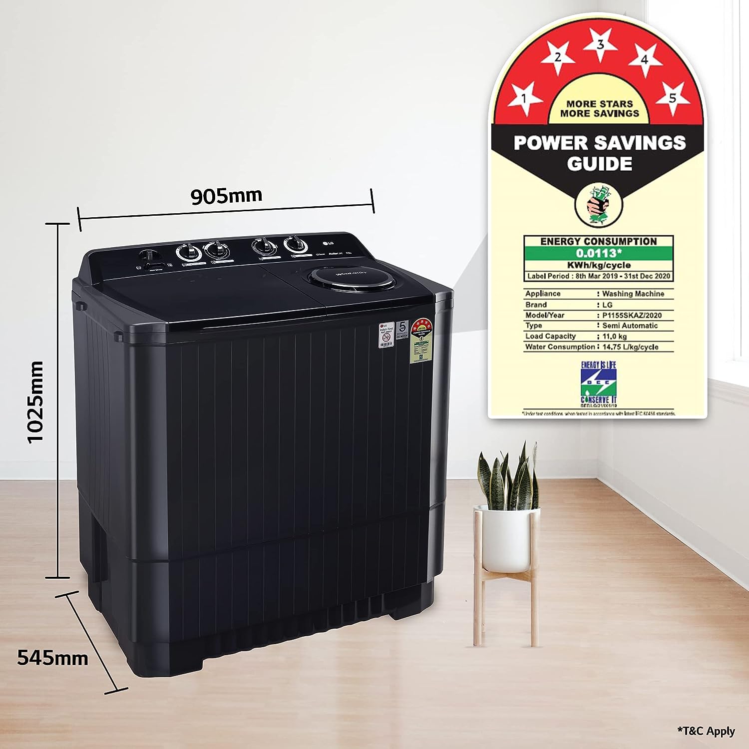 LG 11.5 Kg 5 Star Wind Jet Dry Rat Away Technology Semi-Automatic Top Loading Washing Machine (P115ASKAZ, Roller Jet Pulsator, Punch + 3, Middle Black) - Mahajan Electronics Online