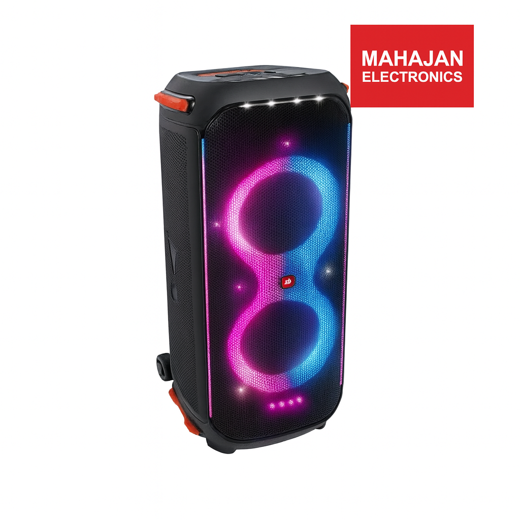 Portable speaker with colorful LED lights on a white background, featuring the Mahajan Electronics logo.