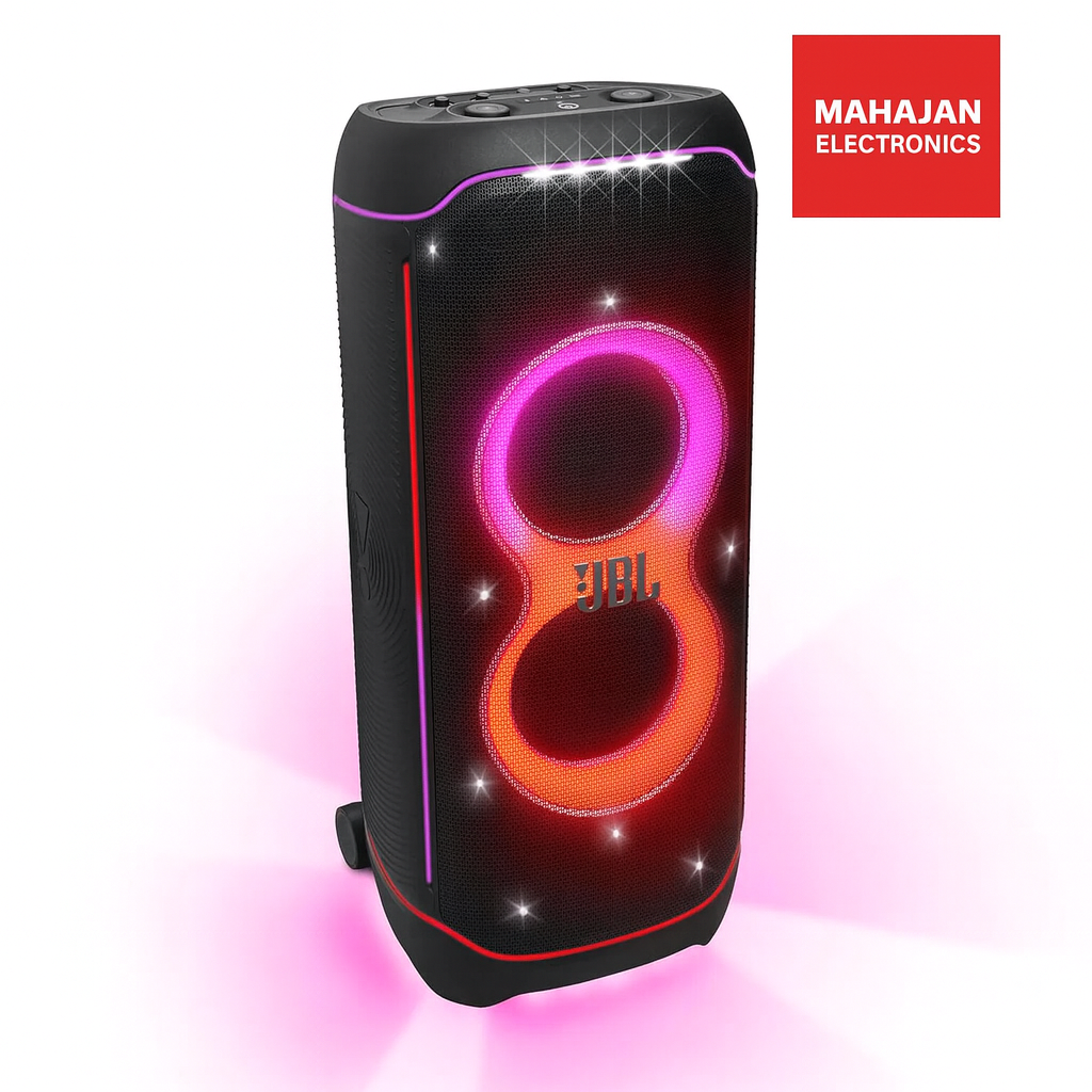 Black portable speaker with JBL logo on a white background, featuring Mahajan Electronics branding.