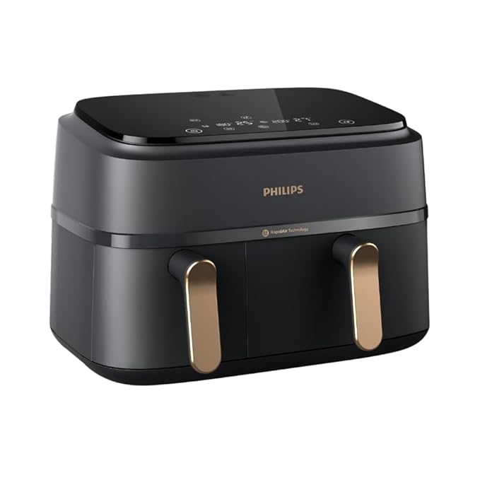 PHILIPS Air Fryer NA352/00 with Rapid Air Technology, 9L capacity, Dual basket (6L & 3L) for full oven tray cooking, 8 Preset Menus, Intuitive touch control, 90% less oil, 500+ Recipes, Extra Large-Online Mahajan Electronics