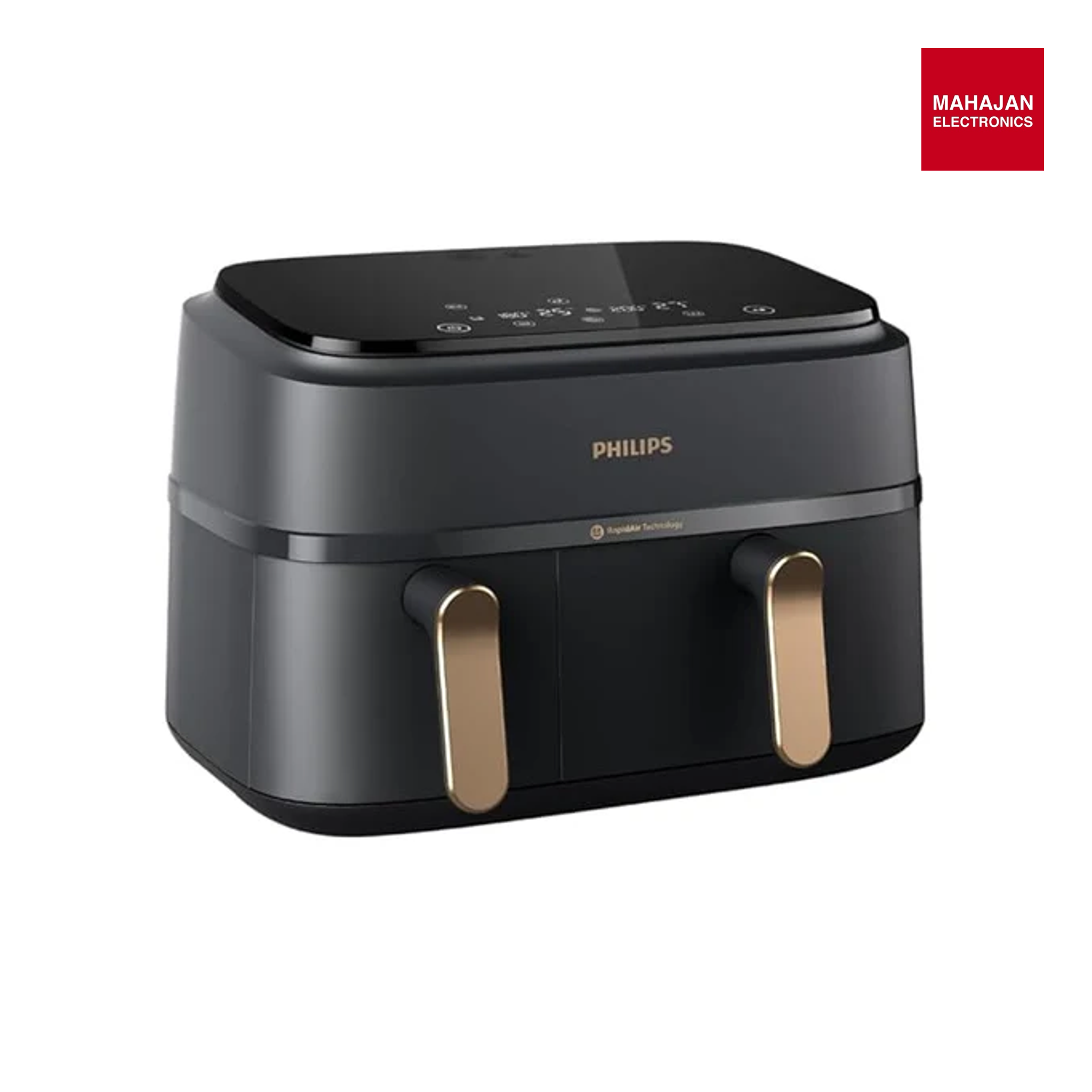 PHILIPS Air Fryer NA352/00 with Rapid Air Technology, 9L capacity, Dual basket (6L & 3L) for full oven tray cooking, 8 Preset Menus, Intuitive touch control, 90% less oil, 500+ Recipes, Extra Large-Online Mahajan Electronics