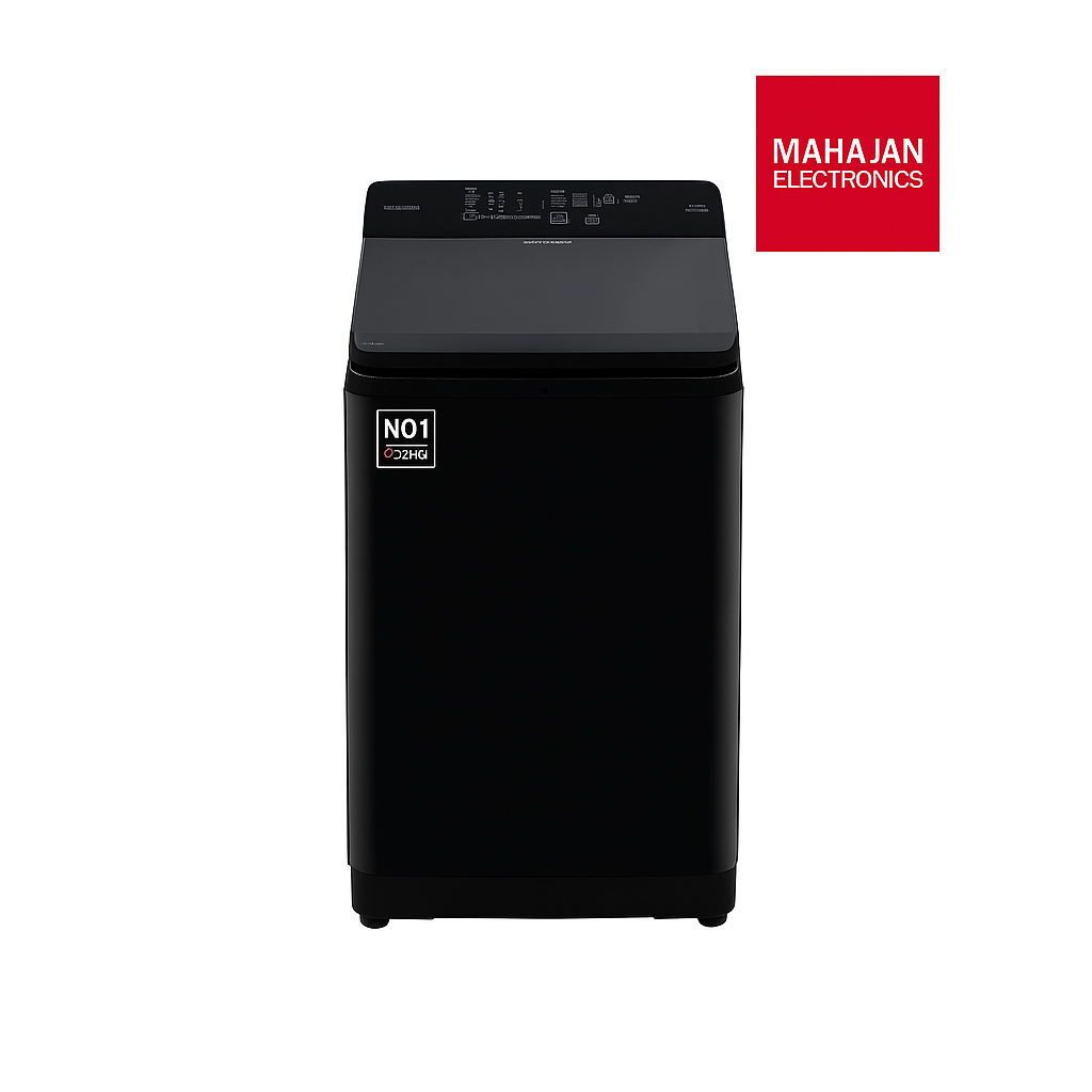 Black washing machine with Mahajan Electronics logo on a white background