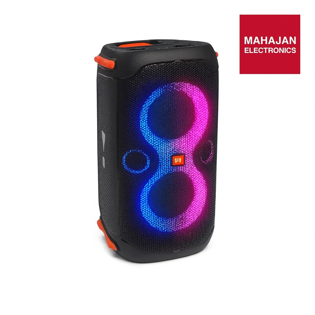 Portable speaker with colorful LED lights on a white background, featuring the Mahajan Electronics logo.