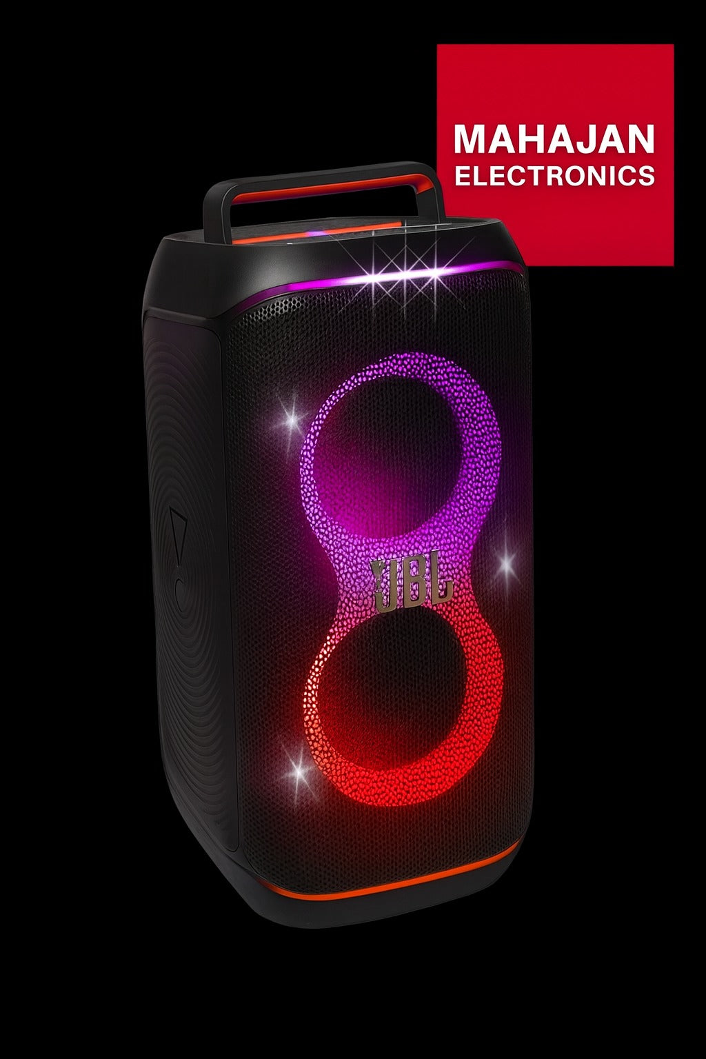 Portable speaker with LED lights and JBL logo on a black background, featuring the Mahajan Electronics brand.
